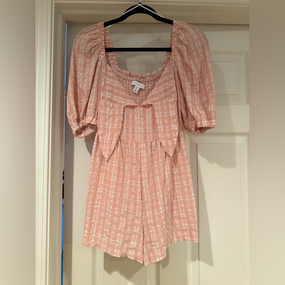 Topshop Pink Puff-Sleeve Plaid Romper size 4